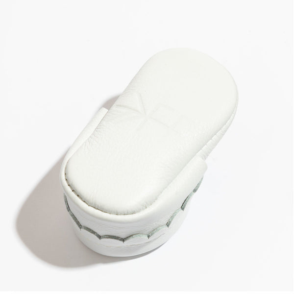 Newborn bright white Mary Jane baby shoe, angle 4 view, perfect for stylish little feet.