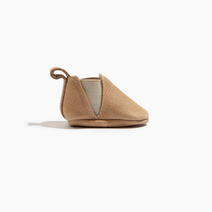 Newborn weathered brown Chelsea boot baby shoe from angle 3, perfect for stylish little feet.