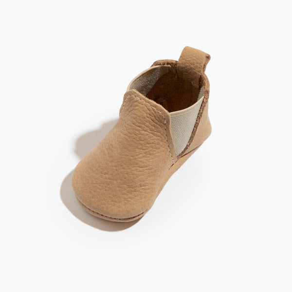 Newborn weathered brown Chelsea boot baby shoe, angle 2 view, perfect for stylish little feet.