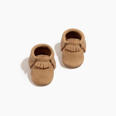 Newborn weathered brown moccasin baby shoe for stylish and comfortable infant footwear.