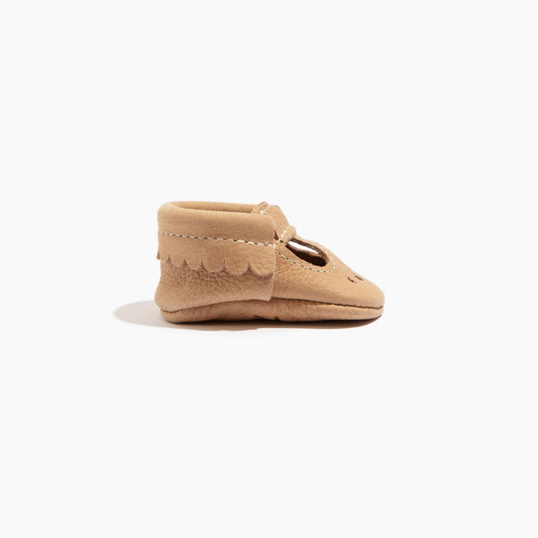 Newborn weathered brown Mary Jane baby shoe, angle 3 view, perfect for stylish infant footwear.