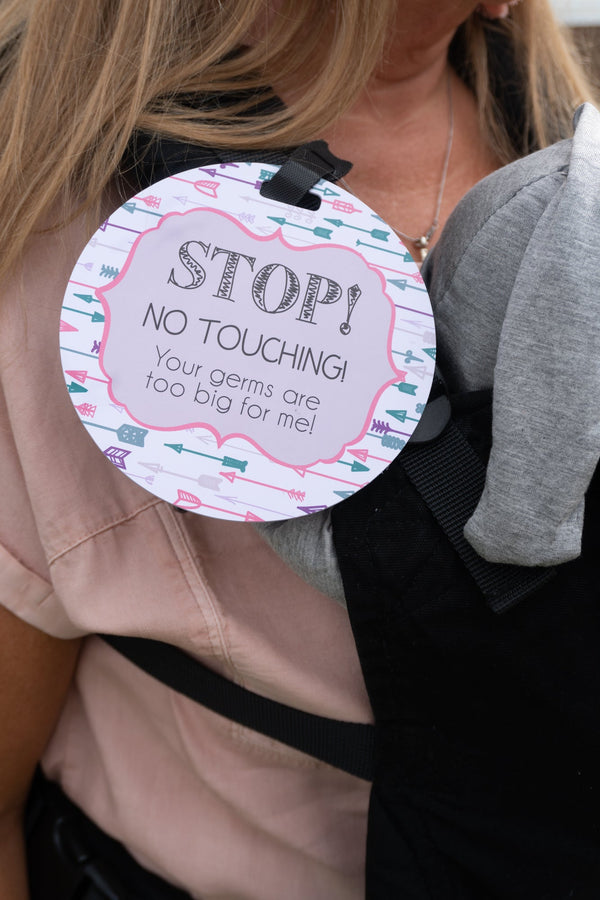 Girl Arrows Stop No Touching Newborn Baby Car Seat Sign Tag