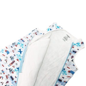 One & Done Sleep Sack in Transportation design, angle view showcasing cozy and safe sleep for babies.