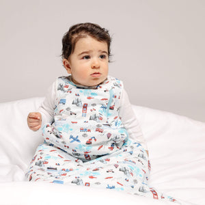 One & Done Sleep Sack in Transportation design, cozy and safe for babies, shown from angle 6.