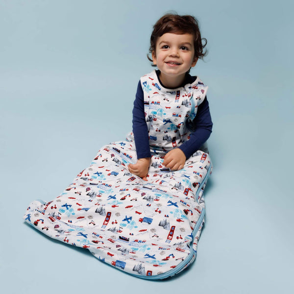 One & Done Sleep Sack in Transportation design, providing cozy sleep for babies. Angle 4 view.