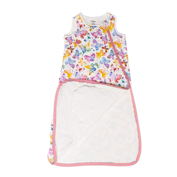 One & Done Sleep Sack in Butterflies design, angle view showcasing cozy and safe sleep for babies.
