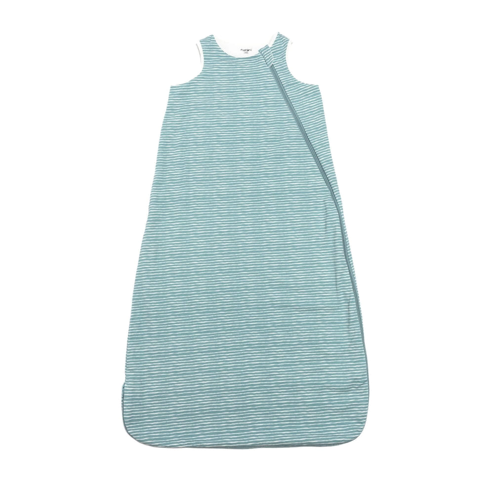 One & Done Sleep Sack in green stripes, perfect for keeping your baby cozy and safe during sleep.