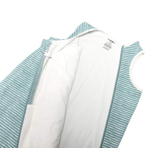 One & Done Sleep Sack in green stripes, angle view showcasing soft, cozy design for baby sleep comfort.