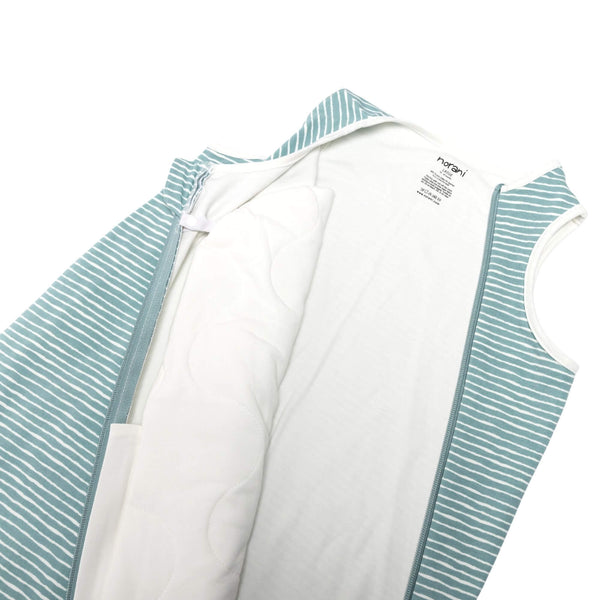One & Done Sleep Sack in green stripes, angle view showcasing soft, cozy design for baby sleep comfort.