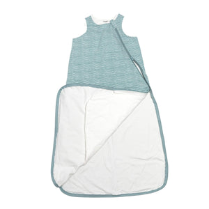One & Done Sleep Sack in green stripes, angle view, perfect for keeping your baby cozy and safe during sleep.