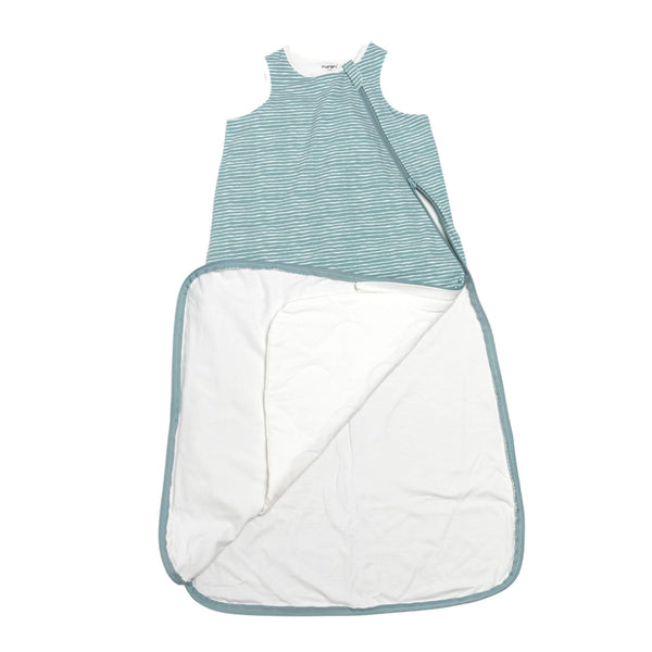 One & Done Sleep Sack in green stripes, angle view, perfect for keeping your baby cozy and safe during sleep.