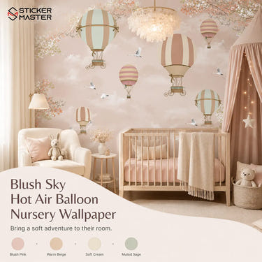 Blush Sky Hot Air Balloon Nursery Wallpaper Mural for Baby Room by Sticker Master