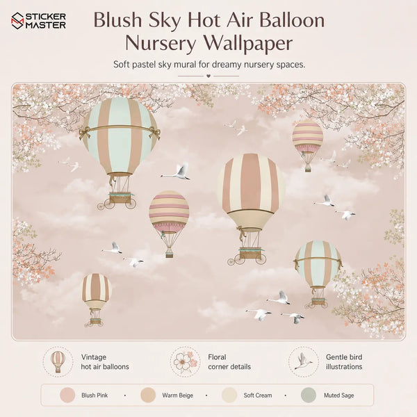 Blush Sky Hot Air Balloon Nursery Wallpaper Mural for Baby Room by Sticker Master