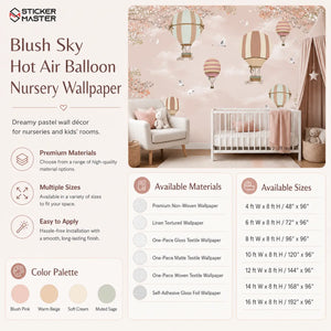 Blush Sky Hot Air Balloon Nursery Wallpaper Mural for Baby Room by Sticker Master