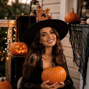 Personalized Halloween Witch Hat with Custom Name – Orange Halloween Pattern Costume Hat for Adults & Teens