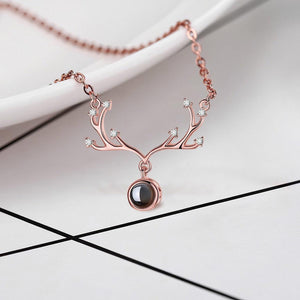 Custom Photo Projection Necklace – Antler Pendant with Secret ‘I Love You’ Message | Rose Gold & Platinum