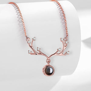 Custom Photo Projection Necklace – Antler Pendant with Secret ‘I Love You’ Message | Rose Gold & Platinum