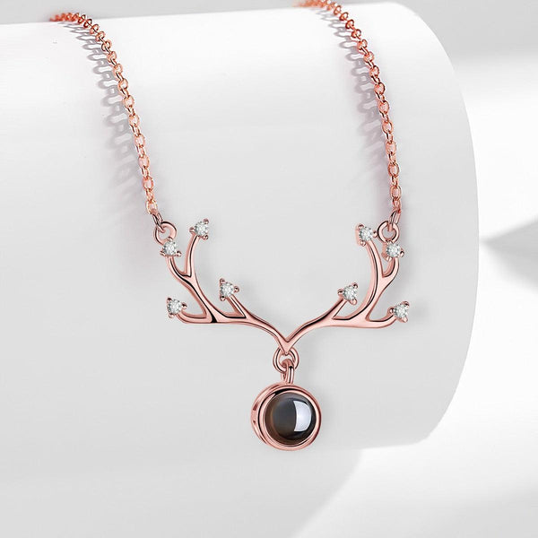 Custom Photo Projection Necklace – Antler Pendant with Secret ‘I Love You’ Message | Rose Gold & Platinum