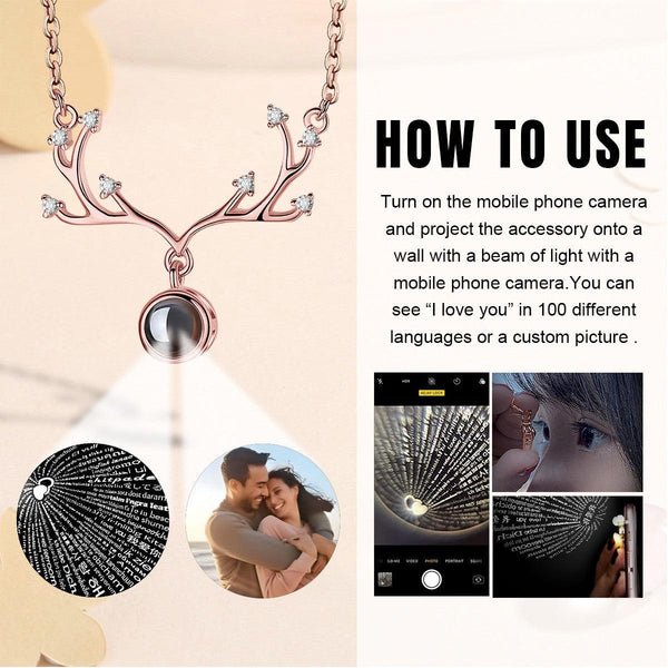 Custom Photo Projection Necklace – Antler Pendant with Secret ‘I Love You’ Message | Rose Gold & Platinum
