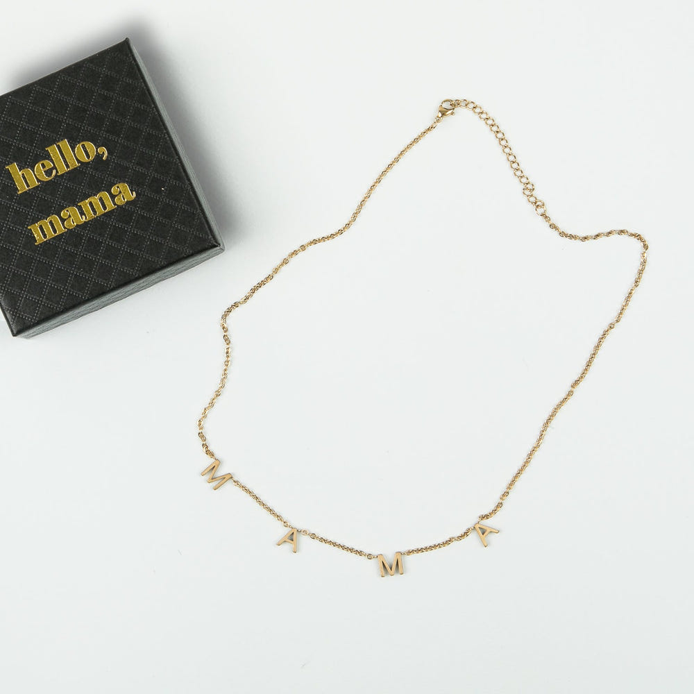 Elegant MAMA necklace in a gift box, perfect baby shower or new mom gift.