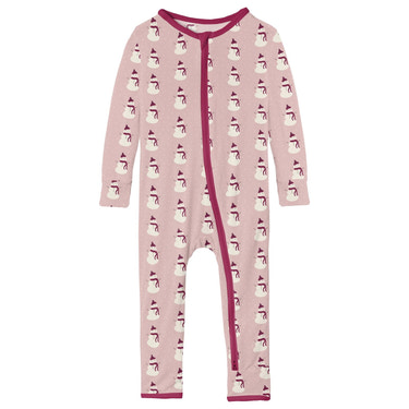 Print Coverall with 2 Way Zipper in Baby Rose Tiny Snowman