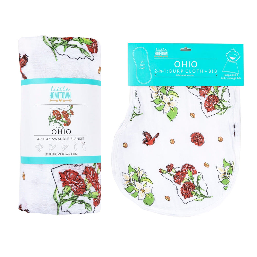 Ohio Baby floral muslin swaddle blanket and burp/bib combo gift set for infants. Perfect for cozy and stylish baby care.