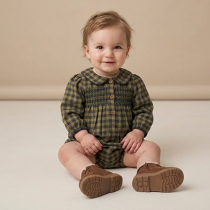 Organic Smocked Long Sleeve Bubble Romper - Olive Gingham