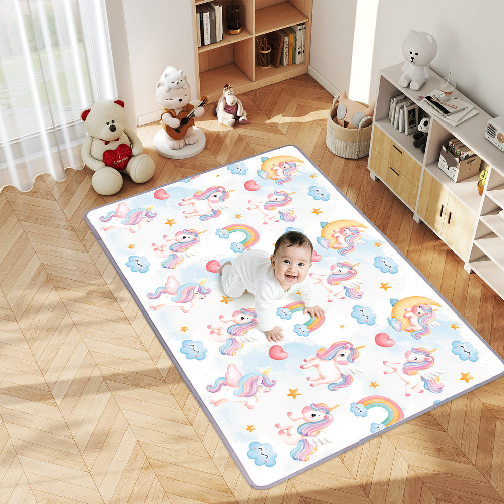 Reversible soft foam activity mat for toddlers, perfect for playtime and easy to roll up for storage.