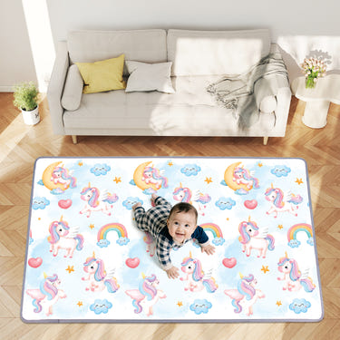 Reversible soft foam activity mat for toddlers, perfect for playtime and easy to roll up for storage.