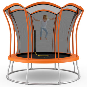10-foot flower-shaped trampoline with galvanized steel frame, perfect for outdoor play and fun.