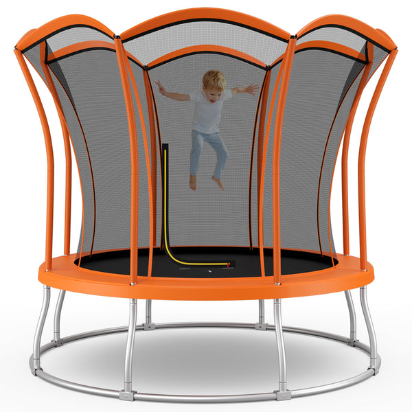 10-foot flower-shaped trampoline with galvanized steel frame, perfect for outdoor play and fun.