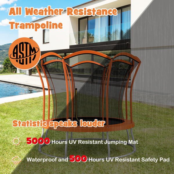 10-foot flower-shaped trampoline with galvanized steel frame, perfect for outdoor fun and playtime.