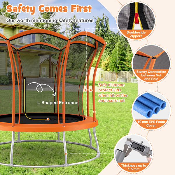 10 feet flower-shaped trampoline with galvanized steel frame, perfect for outdoor fun and active play for kids.