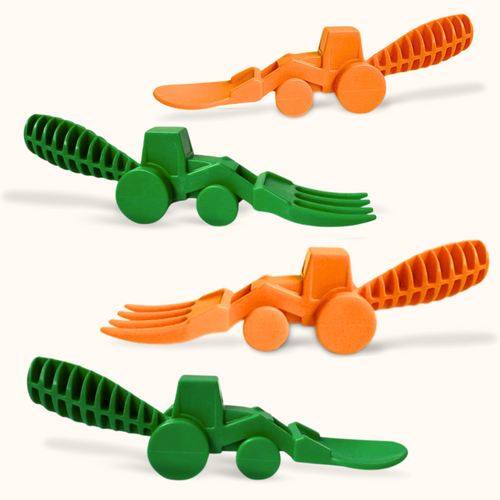 Tractor utensils set for babies, 2-pack feeding tools in vibrant colors, perfect for mealtime fun.