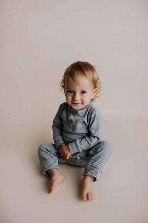 Blissful Blue Baby Ribbed Playsuit with pockets