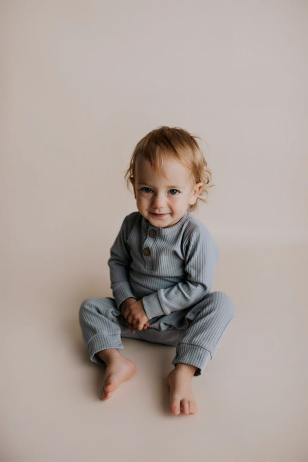 Blissful Blue Baby Ribbed Playsuit with pockets