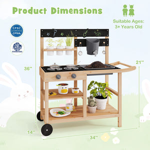 Outdoor Fir Wood Play Kitchen with Blackboard and Planting Pots-Natural