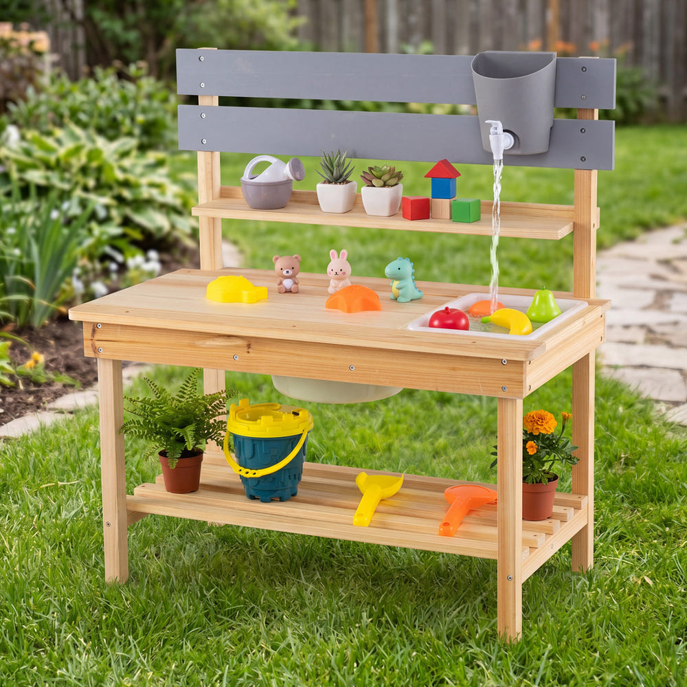 Outdoor Kids Mud Kitchen with Extended Tabletop and Water Tank-Natural