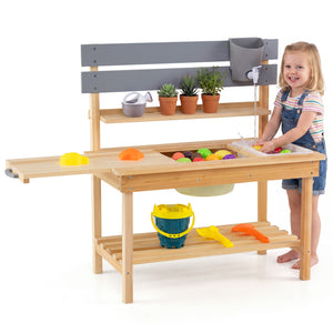 Outdoor Kids Mud Kitchen with Extended Tabletop and Water Tank-Natural