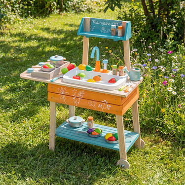 Outdoor Kids Play Kitchen Set Wooden Toy Kitchen Playset with Removable Sink-Orange