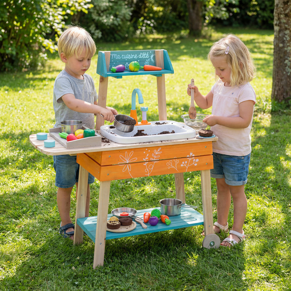 Outdoor Kids Play Kitchen Set Wooden Toy Kitchen Playset with Removable Sink-Orange