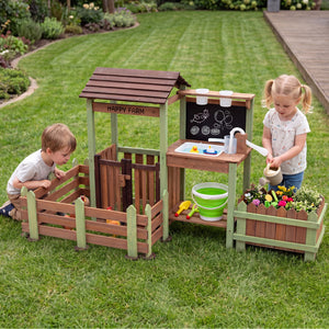 Wooden Mud Farm Playset with Planter Box Lockable Yard and Faucet for 3+ Kids