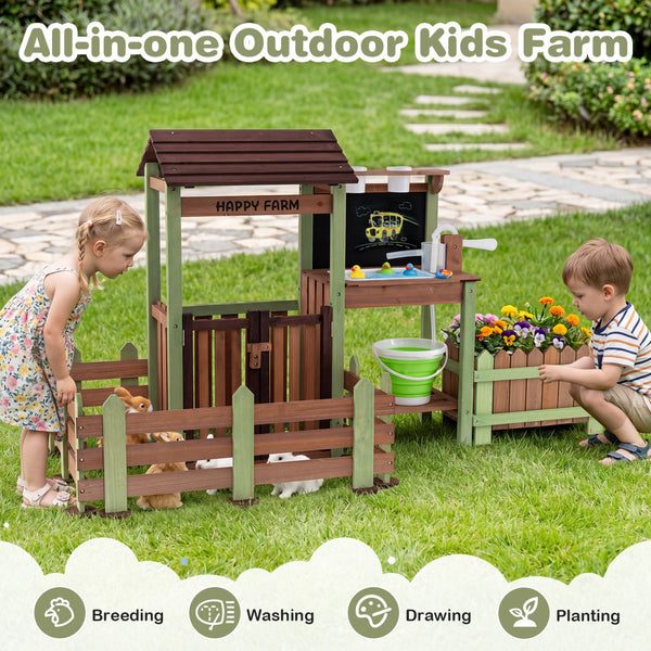 Wooden Mud Farm Playset with Planter Box Lockable Yard and Faucet for 3+ Kids
