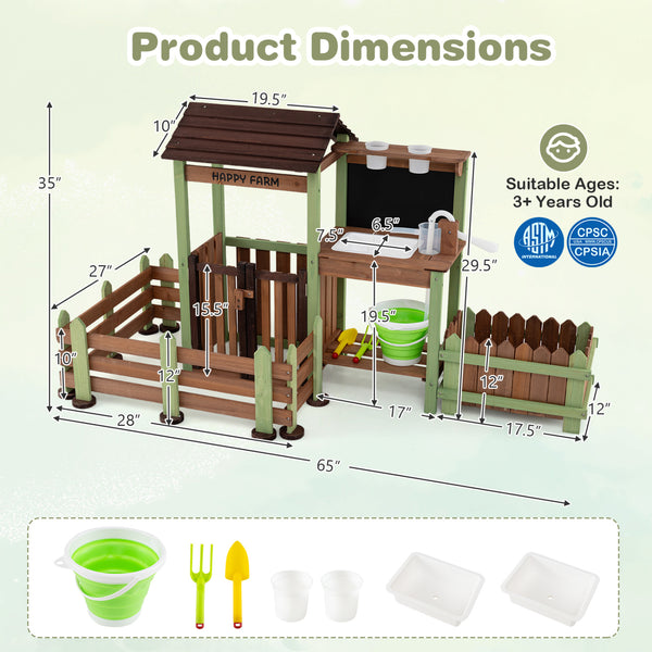 Wooden Mud Farm Playset with Planter Box Lockable Yard and Faucet for 3+ Kids