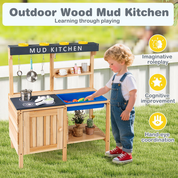 Outdoor Mud Kids Kitchen Playset Wooden Pretend Play Toy with Kitchenware