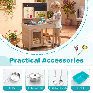Wooden Play Pretend Kitchen with Stoves Storage Cabinet and Shelf