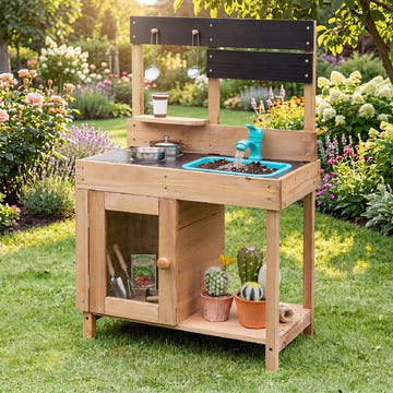 Wooden Play Pretend Kitchen with Stoves Storage Cabinet and Shelf