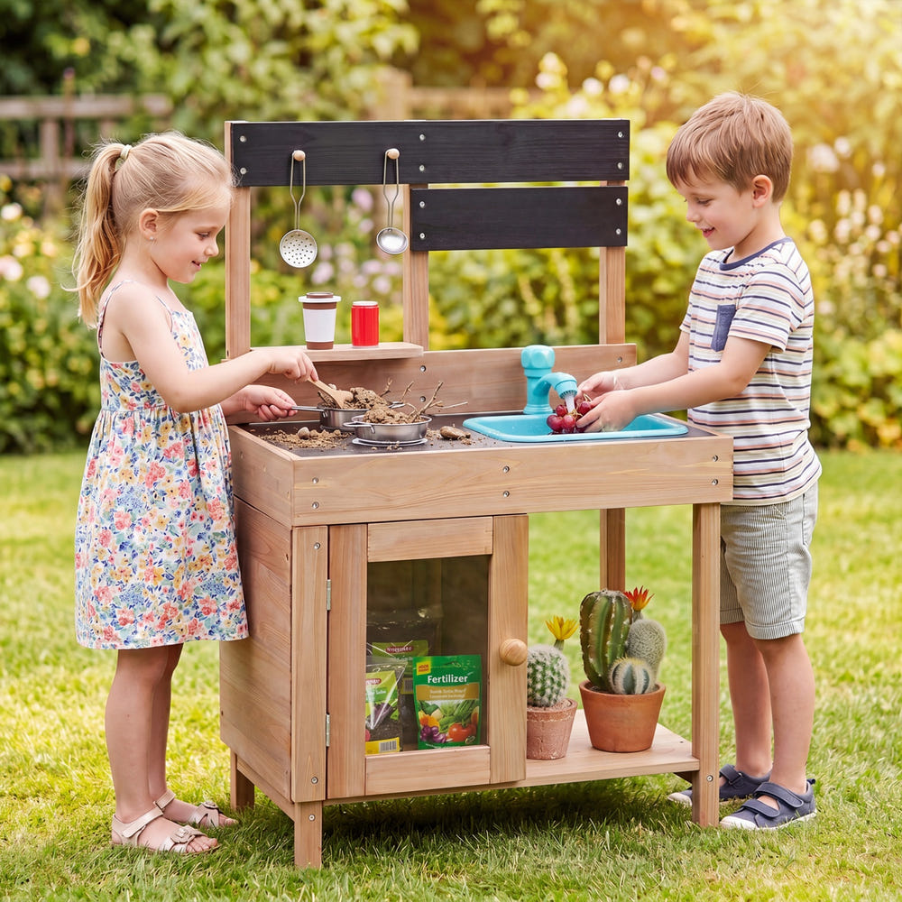 Wooden Play Pretend Kitchen with Stoves Storage Cabinet and Shelf
