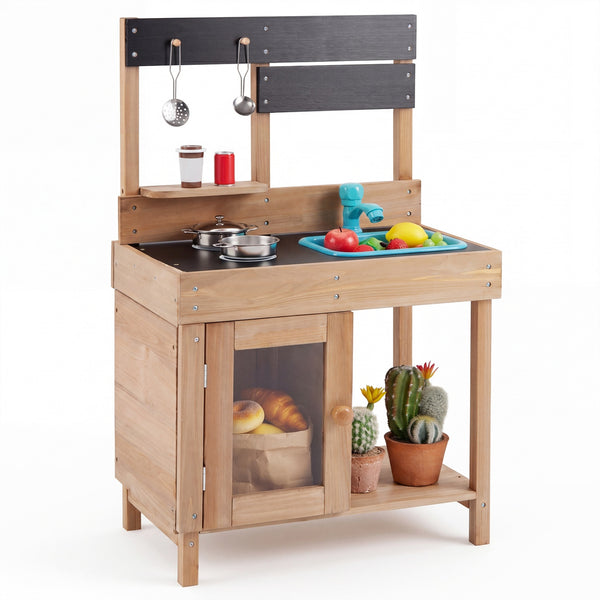 Wooden Play Pretend Kitchen with Stoves Storage Cabinet and Shelf