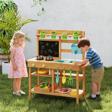 Outdoor Play Pretend Kitchen with Faucet and Removable Sinks for Children Aged 3+-Natural